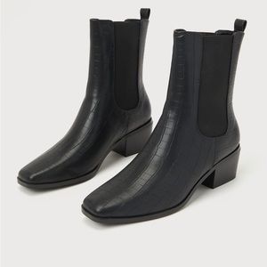 Jaylia Black Croc-Embossed Square-Toe Ankle Boots